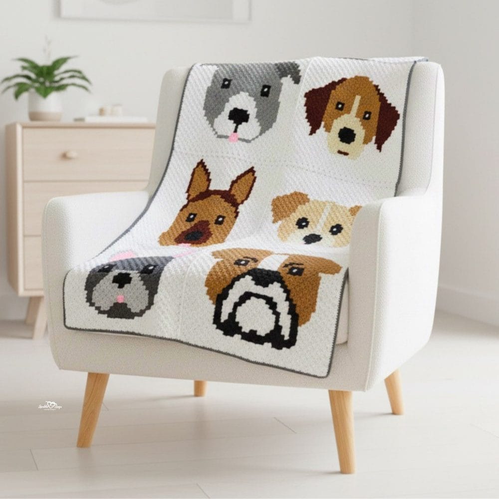 C2C dog crochet blanket draped over a cream armchair, featuring six dog faces in separate blocks on a white background.
