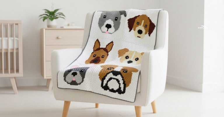 C2C crochet dog blanket with six dog face panels, including a bulldog, terrier, French bulldog, and other puppy designs on a cream background.