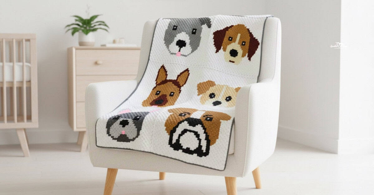 C2C crochet dog blanket with six dog face panels, including a bulldog, terrier, French bulldog, and other puppy designs on a cream background.