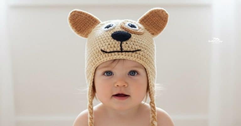 Baby wearing a tan crochet dog hat with large floppy ears, a black nose, and braided earflaps in a bright neutral nursery.