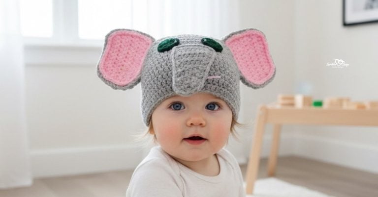 Baby wearing a gray crochet elephant hat with large pink ears and a long trunk in a bright neutral nursery.