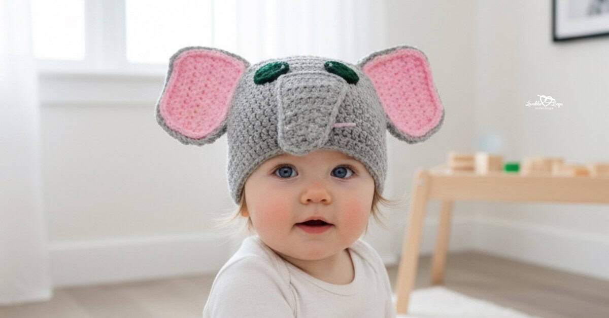 Baby wearing a gray crochet elephant hat with large pink ears and a long trunk in a bright neutral nursery.