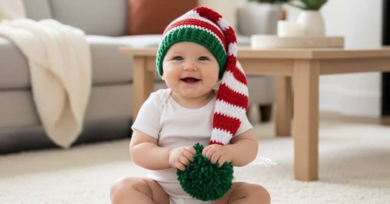 Baby wearing a red, white, and green crochet elf hat with a long striped tail and pom pom while sitting on a soft rug in a cozy Christmas living room