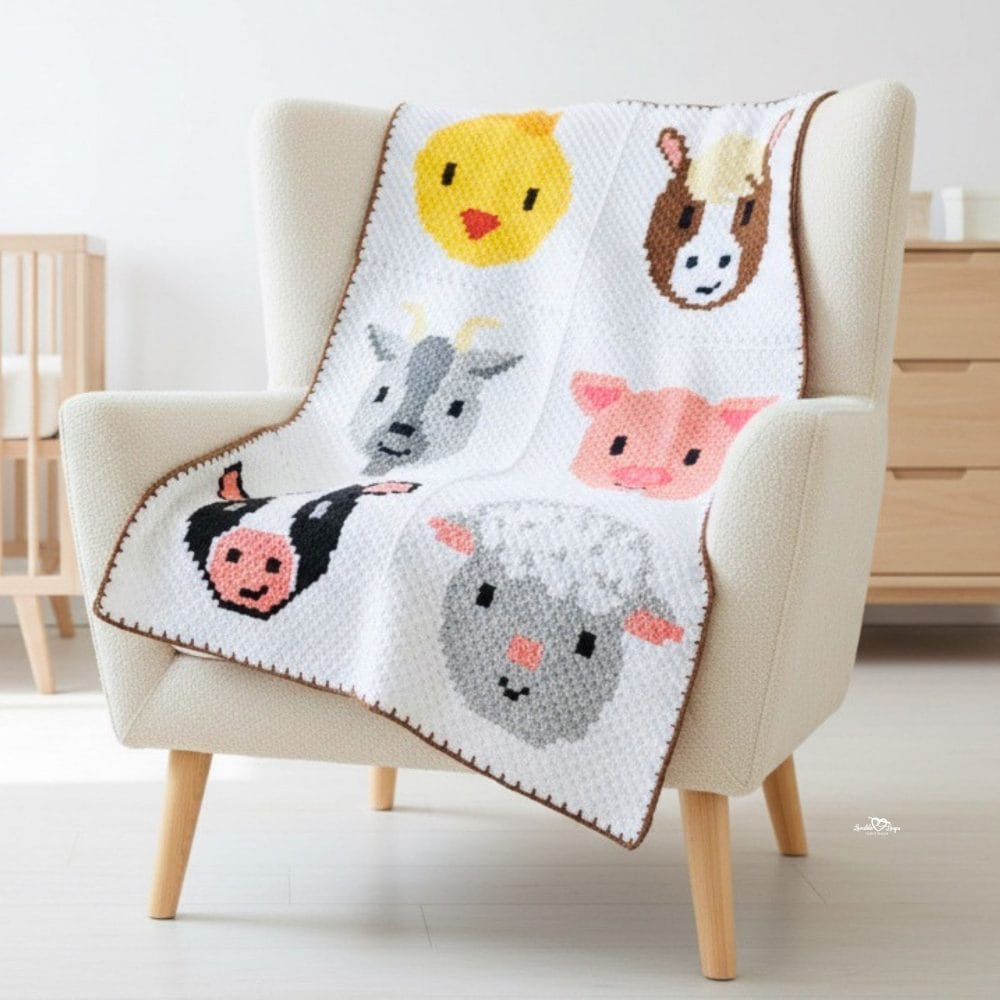 C2C farm animal crochet blanket draped over a cream armchair in a bright nursery, featuring animal blocks with a chick, horse, goat, pig, cow, and sheep.