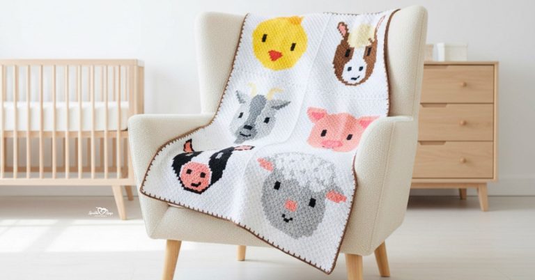C2C crochet farm animal blanket with chick, donkey, goat, pig, cow, and sheep panels draped over a cream armchair in a bright nursery.