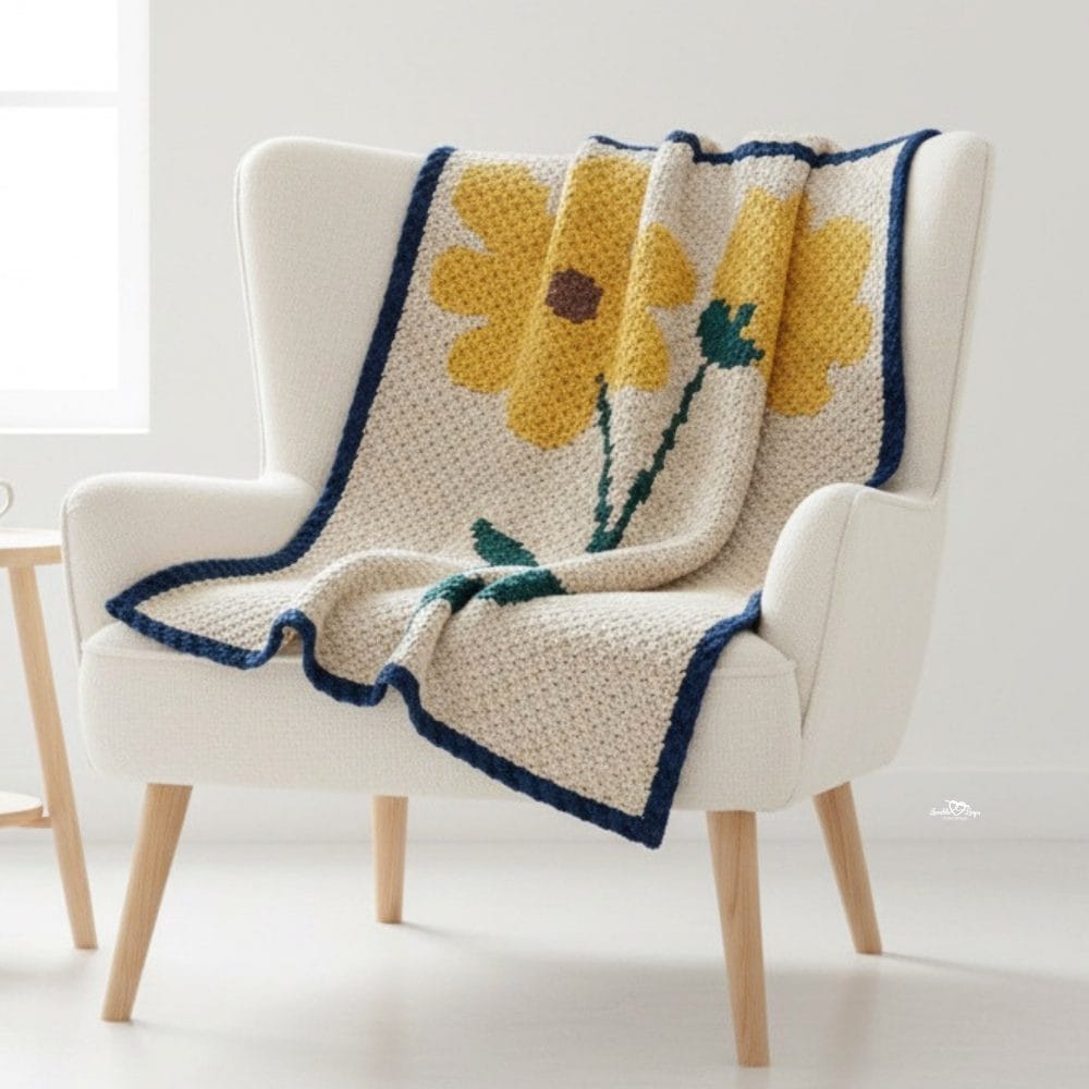 Cream crochet flower blanket draped over a cream wingback chair in a bright neutral room, featuring a large yellow flower with a navy blue border.