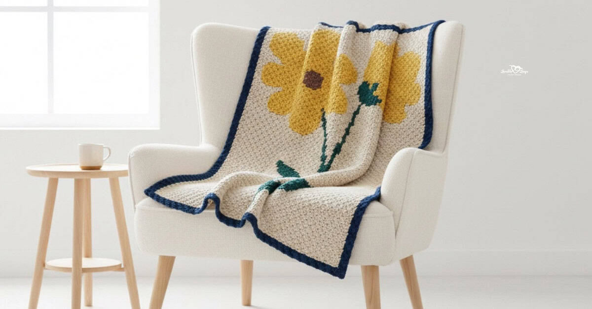 Crochet flower blanket with yellow daisies and green stems draped over a cream armchair beside a light wood side table.