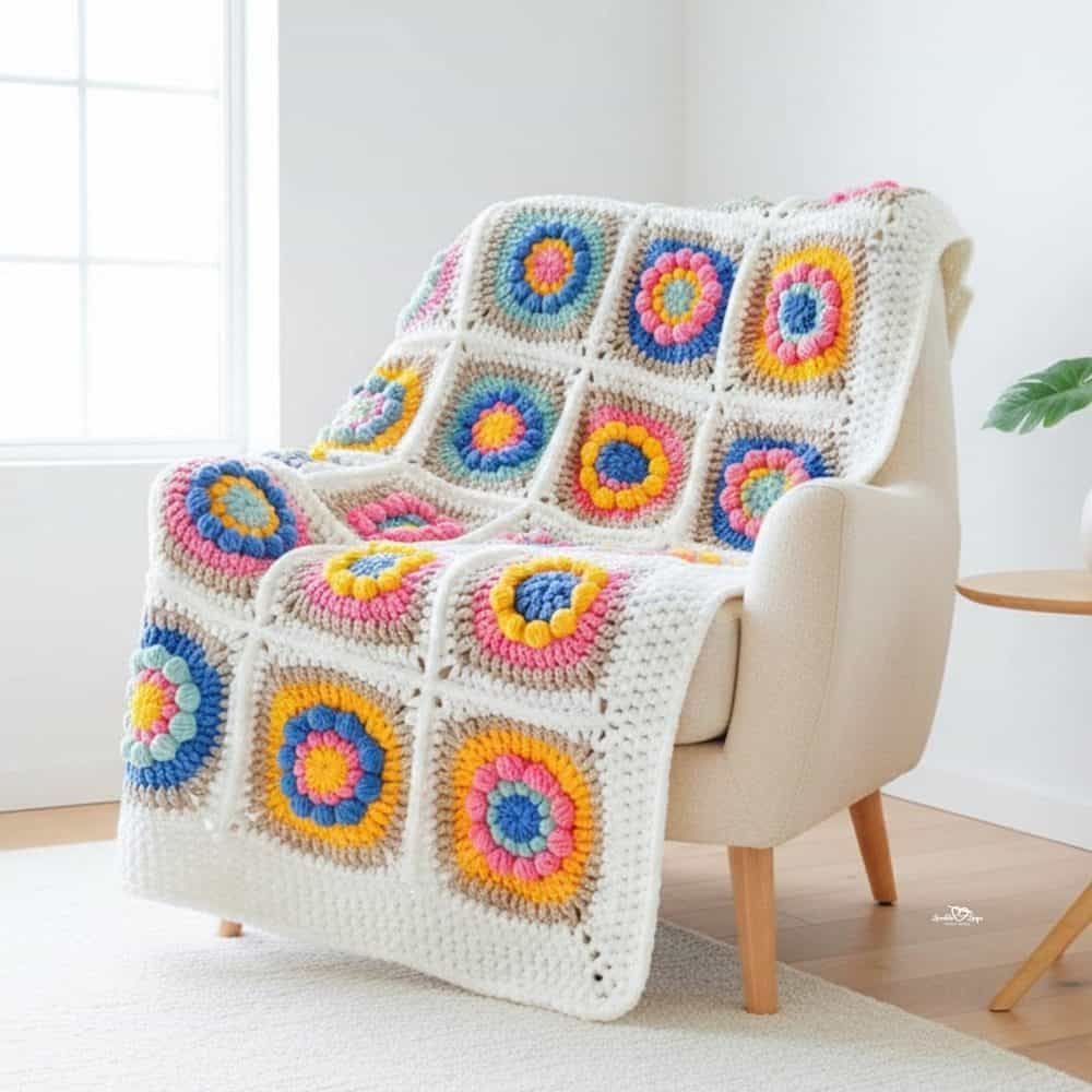 Crochet granny square flower blanket draped over a cream armchair in a bright room, featuring colorful retro-style flower squares.