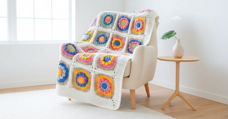 Colorful crochet flower granny square blanket draped over a cream armchair in a bright neutral room.