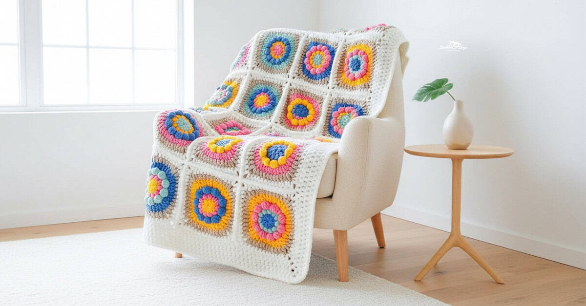 Colorful crochet flower granny square blanket draped over a cream armchair in a bright neutral room.