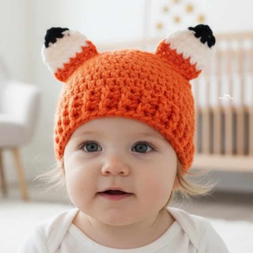 Baby wearing an orange crochet fox hat with white and black ear details in a soft neutral nursery.