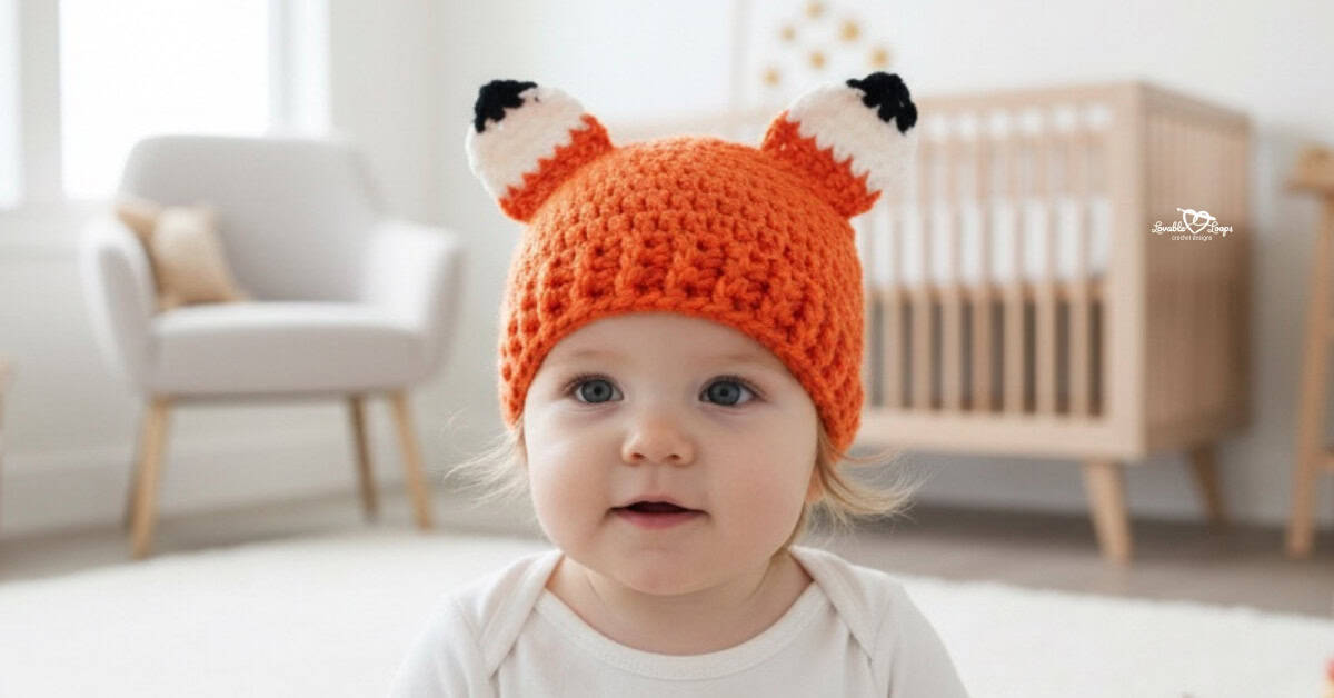 Baby wearing an orange crochet fox hat with white and black ear details in a bright nursery.