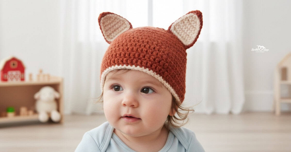 Baby wearing a rust-colored crochet fox hat with pointed ears and cream trim in a bright neutral nursery.
