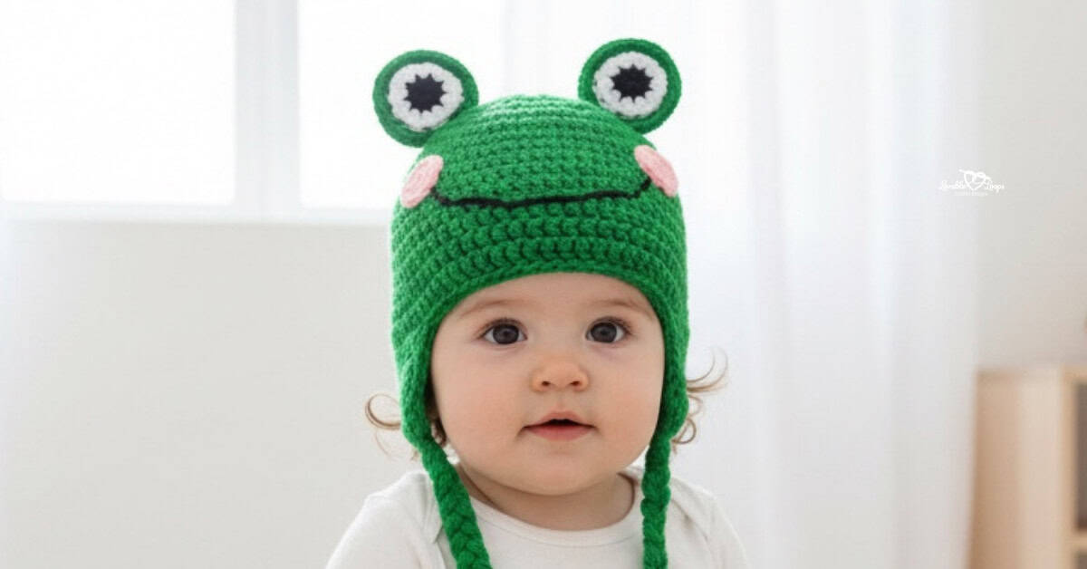 Baby wearing a bright green crochet frog hat with raised frog eyes and pink cheeks in a soft neutral nursery.