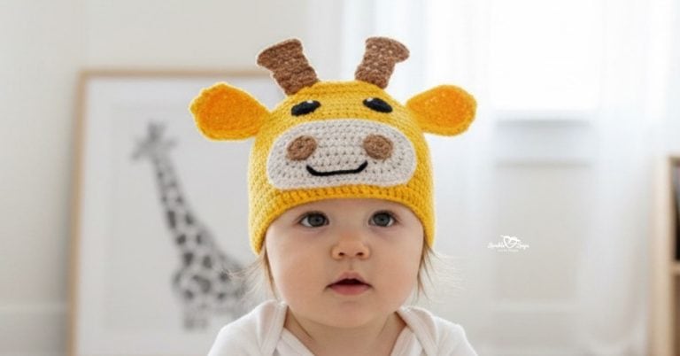 Baby wearing a yellow crochet giraffe hat with brown horns, orange ears, and a white giraffe face in a bright neutral nursery.
