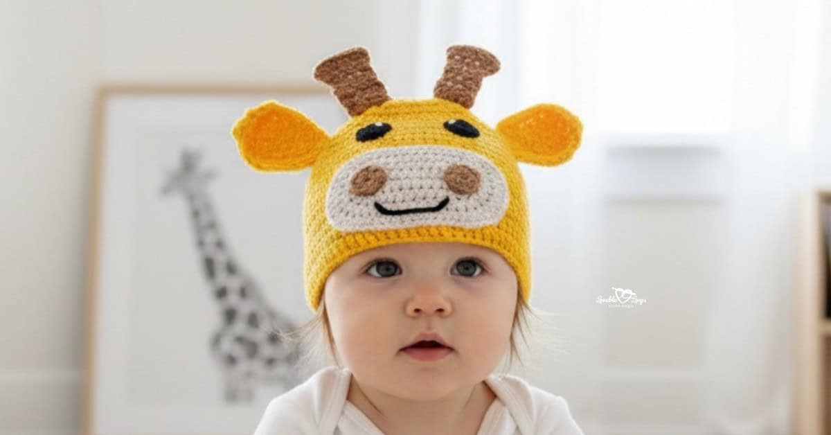 Baby wearing a yellow crochet giraffe hat with brown horns, orange ears, and a white giraffe face in a bright neutral nursery.