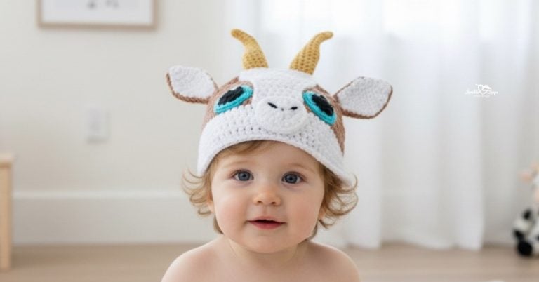 Baby wearing a white and tan crochet goat hat with curved horns, floppy ears, and bright blue eyes in a bright neutral nursery.