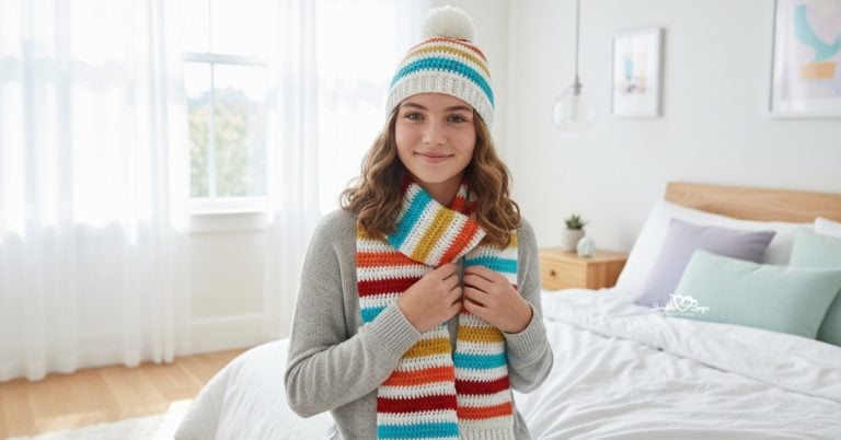Teen girl wearing a striped crochet hat and matching striped scarf in a bright modern bedroom.