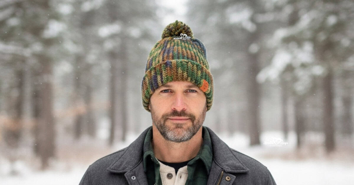 Man wearing a camouflage crochet pom pom hat, standing outdoors in a snowy forest with tall trees in the background.