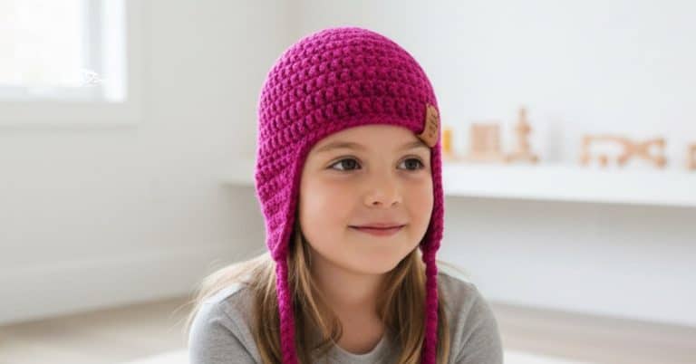 Child wearing a bright pink crochet hat with ear flaps, photographed in a bright neutral playroom with soft natural light.