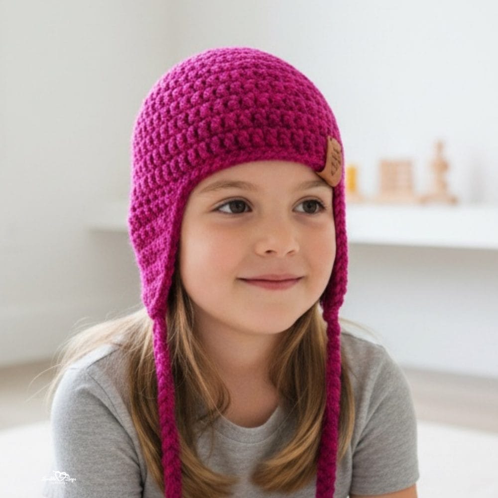 Girl wearing a magenta crochet hat with earflaps in a bright neutral room.