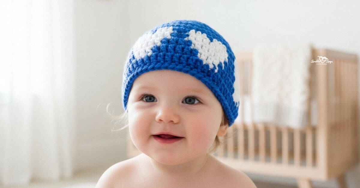 Baby wearing a blue crochet hat with white heart motifs in a soft neutral nursery.