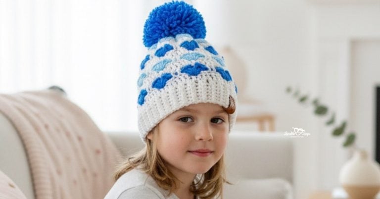 Child wearing a white crochet heart beanie with blue hearts and a blue pom pom in a bright cozy living room with soft neutral decor