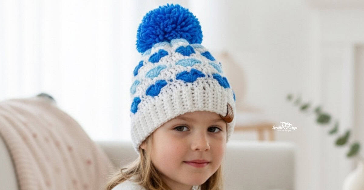 Child wearing a white crochet heart beanie with blue hearts and a blue pom pom in a bright cozy living room with soft neutral decor