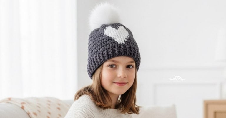 Child wearing a gray crochet heart beanie with a white pom pom in a bright cozy living room with soft neutral decor