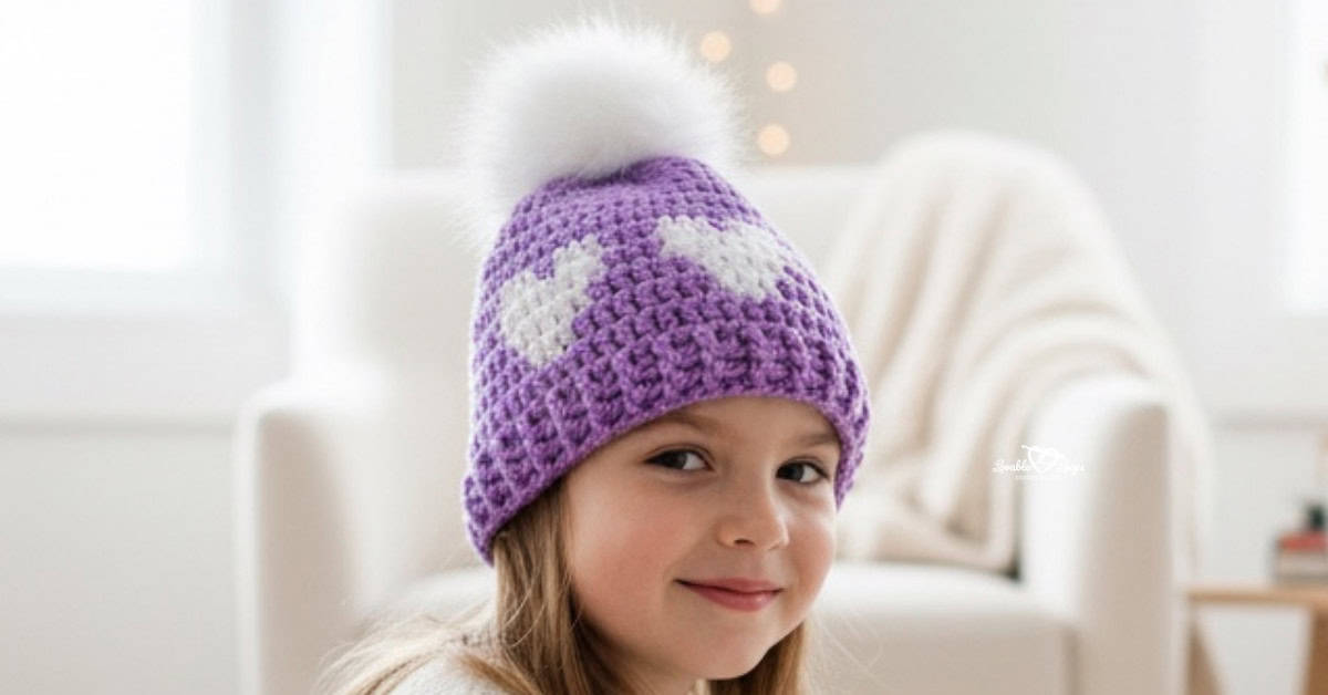Child wearing a purple crochet heart beanie with a white pom pom in a bright cozy living room with soft Valentine decor