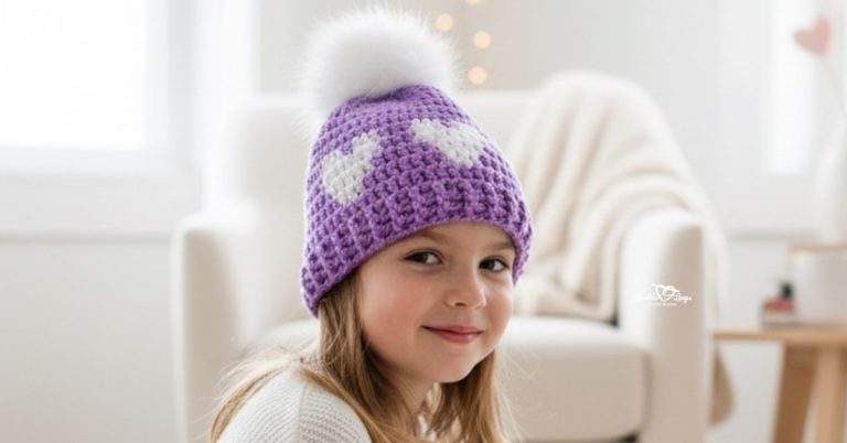 Child wearing a purple crochet heart beanie with a white pom pom in a bright cozy living room with soft Valentine decor
