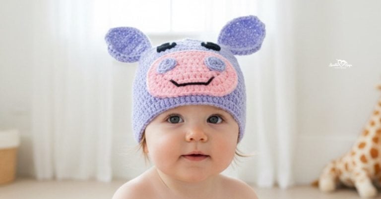 Baby wearing a purple crochet hippo hat with rounded ears and a pink snout in a soft neutral nursery.