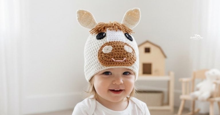 Toddler wearing a cream crochet horse hat with long ears, a brown mane, and a brown muzzle in a soft neutral nursery.