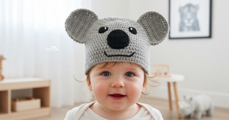 Smiling baby wearing a gray crochet koala hat with large round ears, a black nose, and a stitched smile in a bright neutral nursery.