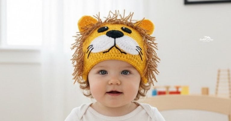 Baby wearing a yellow crochet lion hat with a brown yarn mane, small ears, and a lion face in a neutral nursery.