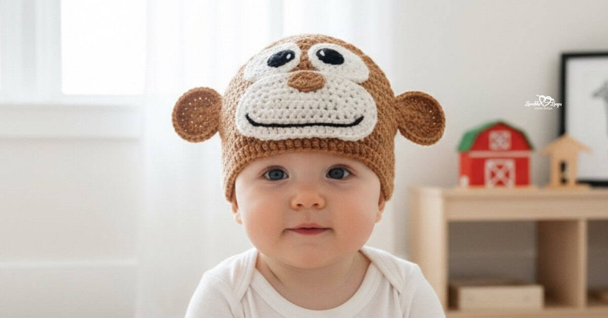Baby wearing a brown crochet monkey hat with round ears and a beige monkey face in a bright neutral nursery.