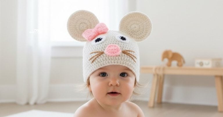 Baby wearing a cream crochet mouse hat with round ears, a pink bow, and a pink nose in a bright neutral nursery.