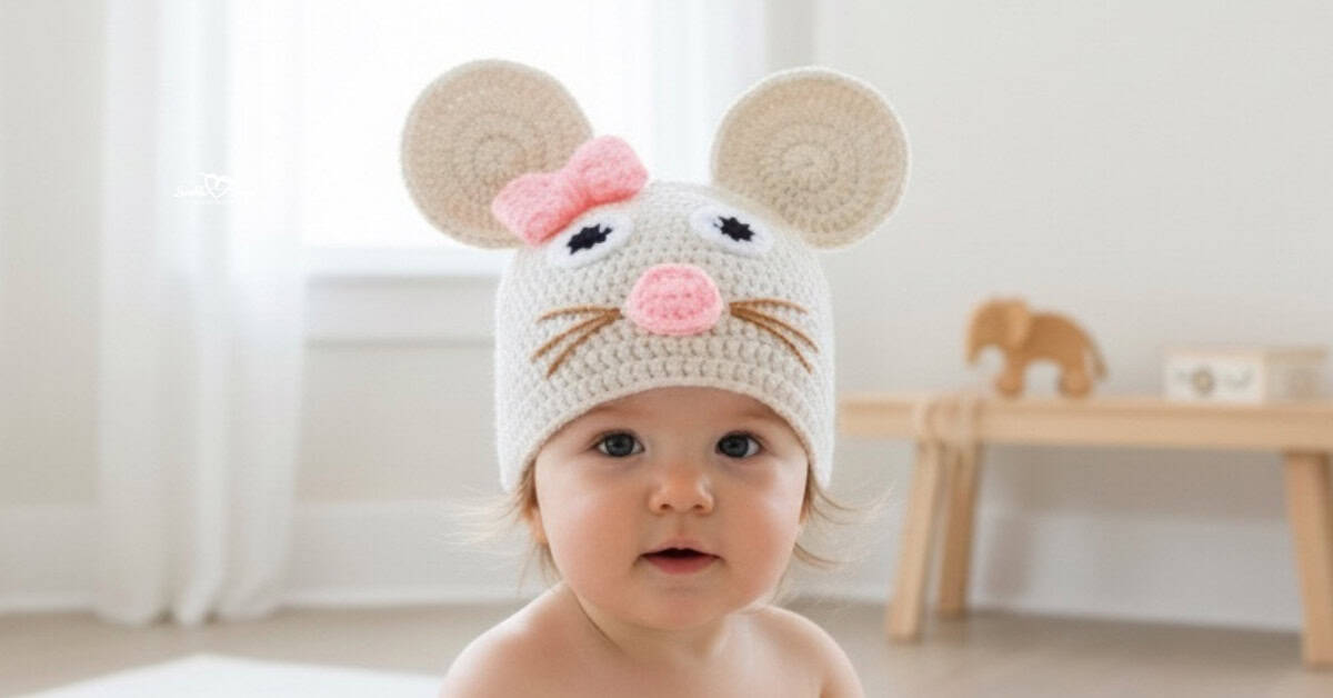 Baby wearing a cream crochet mouse hat with round ears, a pink bow, and a pink nose in a bright neutral nursery.