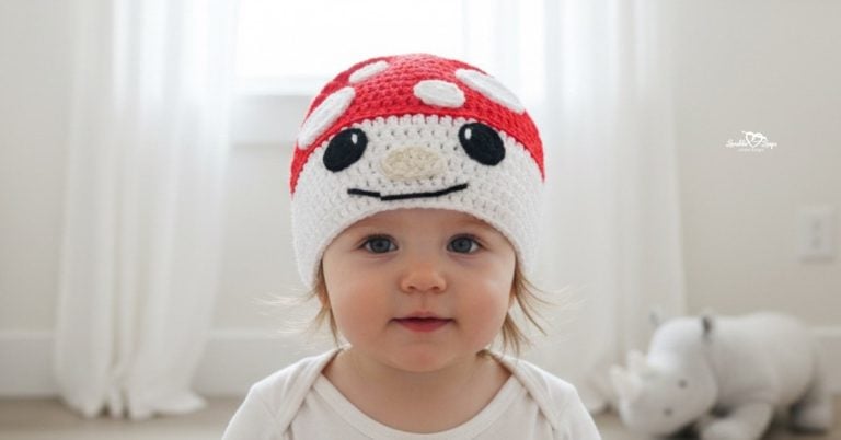 Baby wearing a red and white crochet mushroom hat with white spots and a smiling face in a neutral nursery.