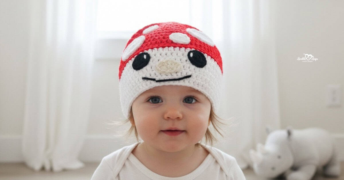 Baby wearing a red and white crochet mushroom hat with white spots and a smiling face in a neutral nursery.