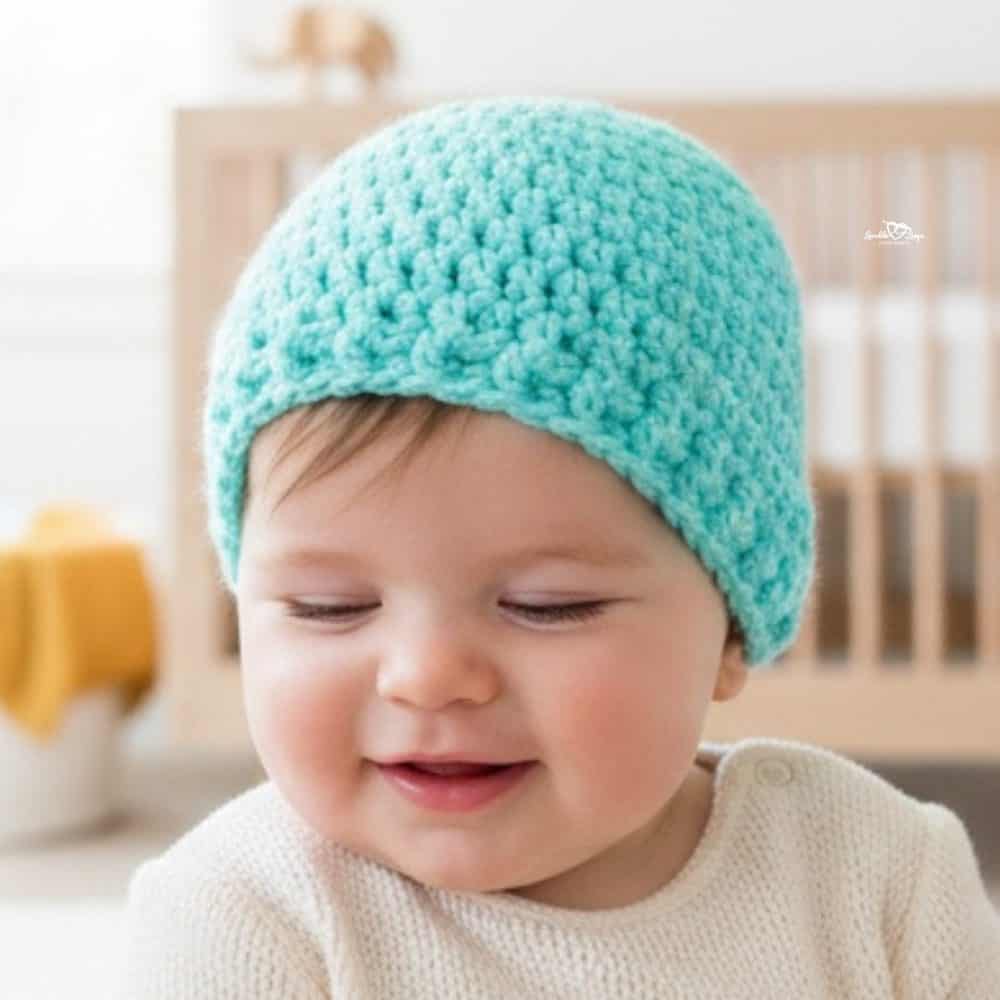 Baby wearing a light aqua crochet beanie in a bright nursery with natural wood accents.