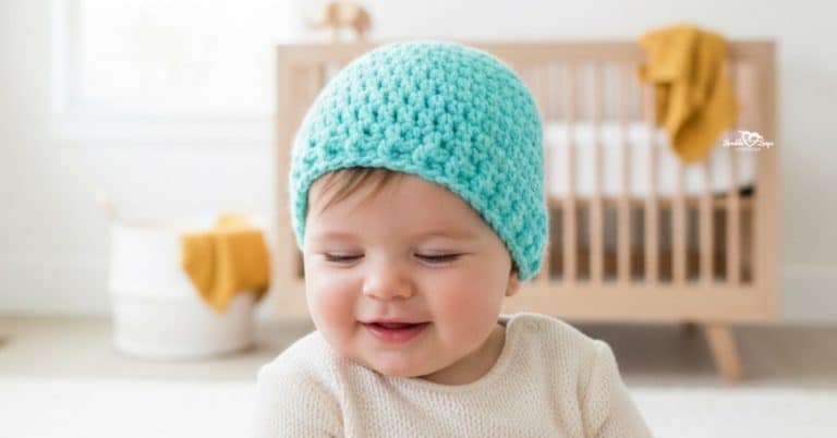 Baby wearing a light aqua crochet beanie in a bright nursery with natural wood accents.