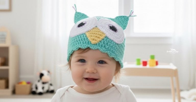 Baby wearing a mint crochet owl hat with big white eyes, a yellow beak, and a scalloped brim in a bright neutral nursery.