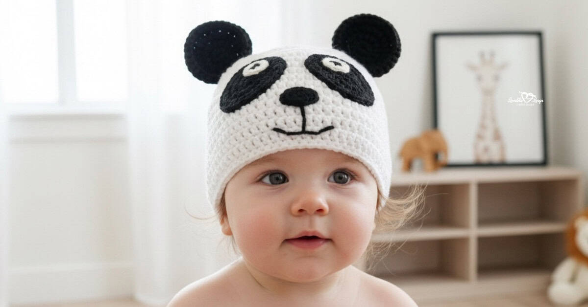 Baby wearing a white crochet panda hat with black ears, black eye patches, and a stitched panda face in a neutral nursery.
