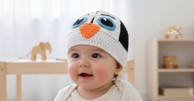 Baby wearing a black and white crochet penguin hat with large blue eyes and an orange beak in a bright neutral nursery.
