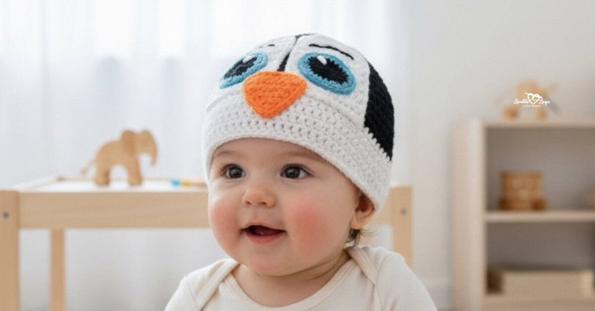 Baby wearing a black and white crochet penguin hat with large blue eyes and an orange beak in a bright neutral nursery.