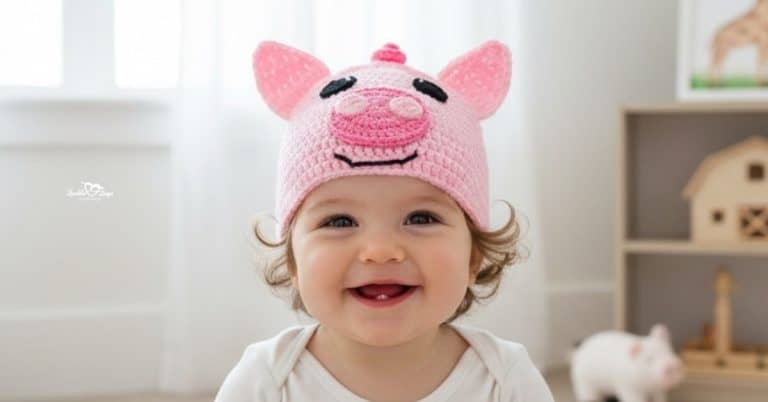 Smiling baby wearing a pink crochet pig hat with pointed ears, a round snout, and a curly top detail in a neutral nursery.