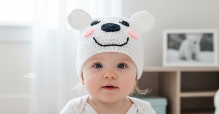 Baby wearing a white crochet polar bear hat with round ears, a black nose, and pink cheeks in a bright neutral nursery.