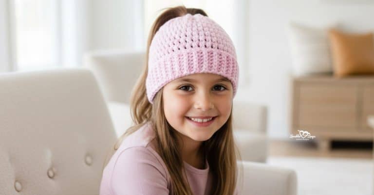 Child wearing a pink crochet ponytail hat with a high ponytail, sitting in a bright cozy living room.