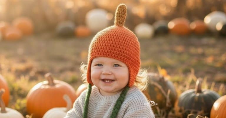 Baby wearing an orange crochet pumpkin hat with a stem top and green ties while sitting in a pumpkin patch on a fall day
